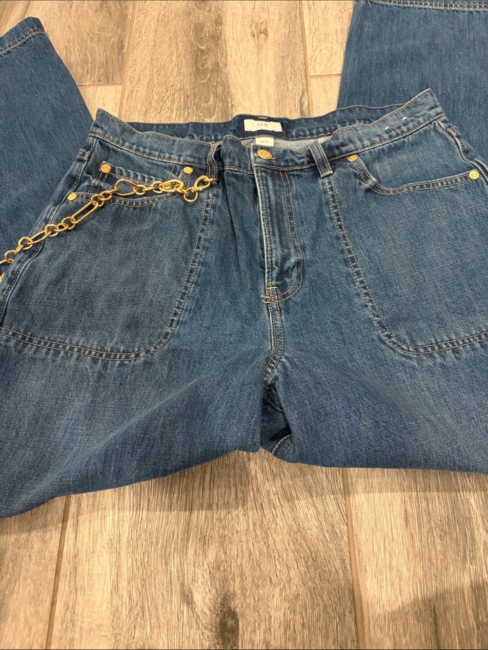 Gap x Cult Gaia High Rise Stride Chain Jeans Medium Indigo Size 14R w/Chain - Picture 4 of 7